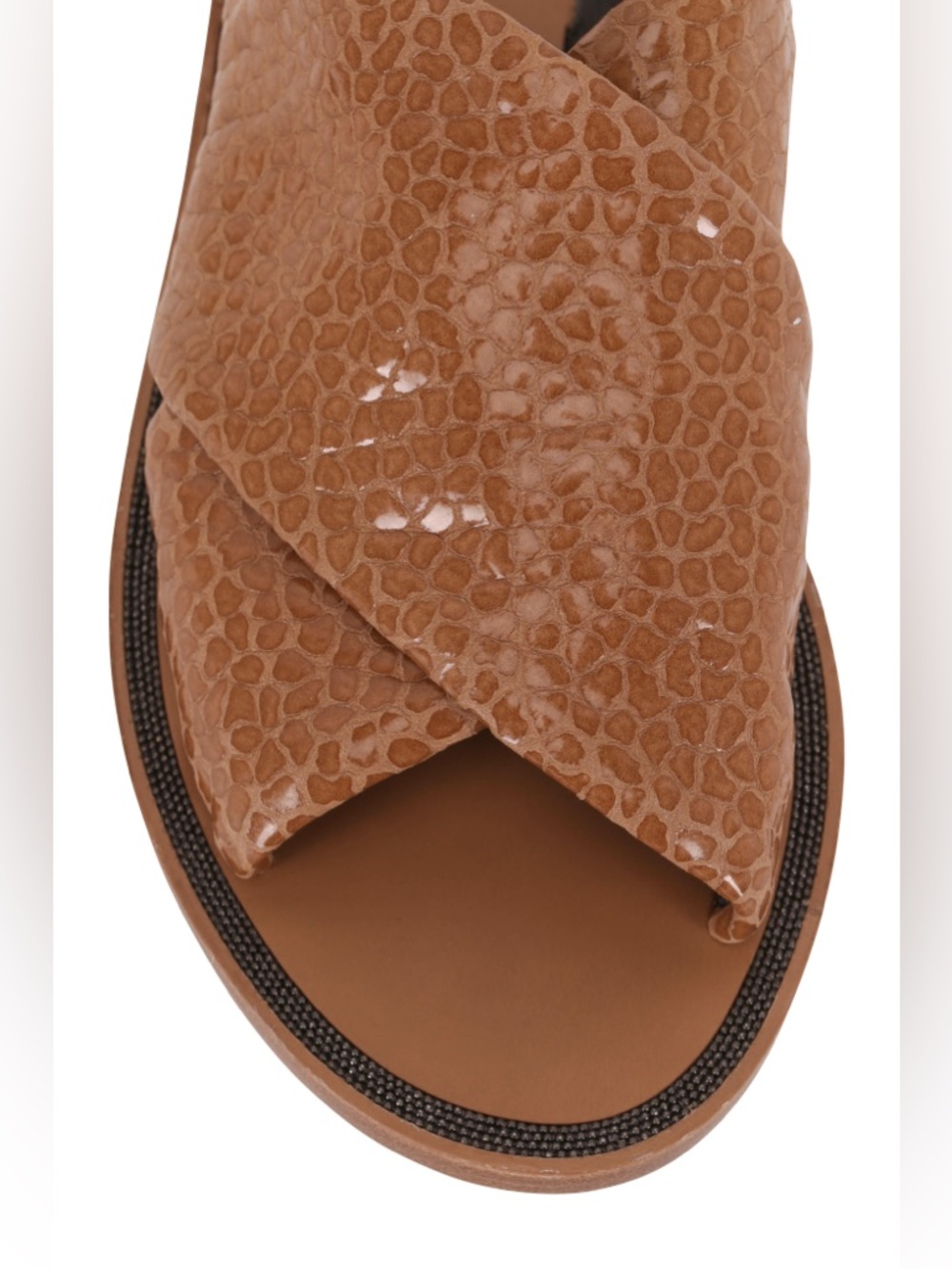 MAKE AN OFFER - BRUNELLO CUCINELLI Tan Croc-Embossed LeatherCross-Strap Slide